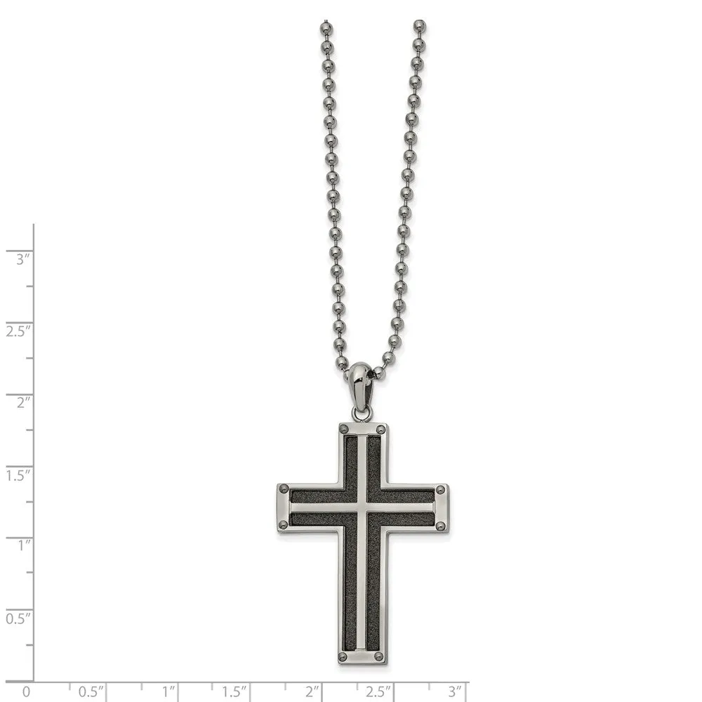 Stainless Steel Black Plated Polished Laser Cut Cross Necklace, 22 In