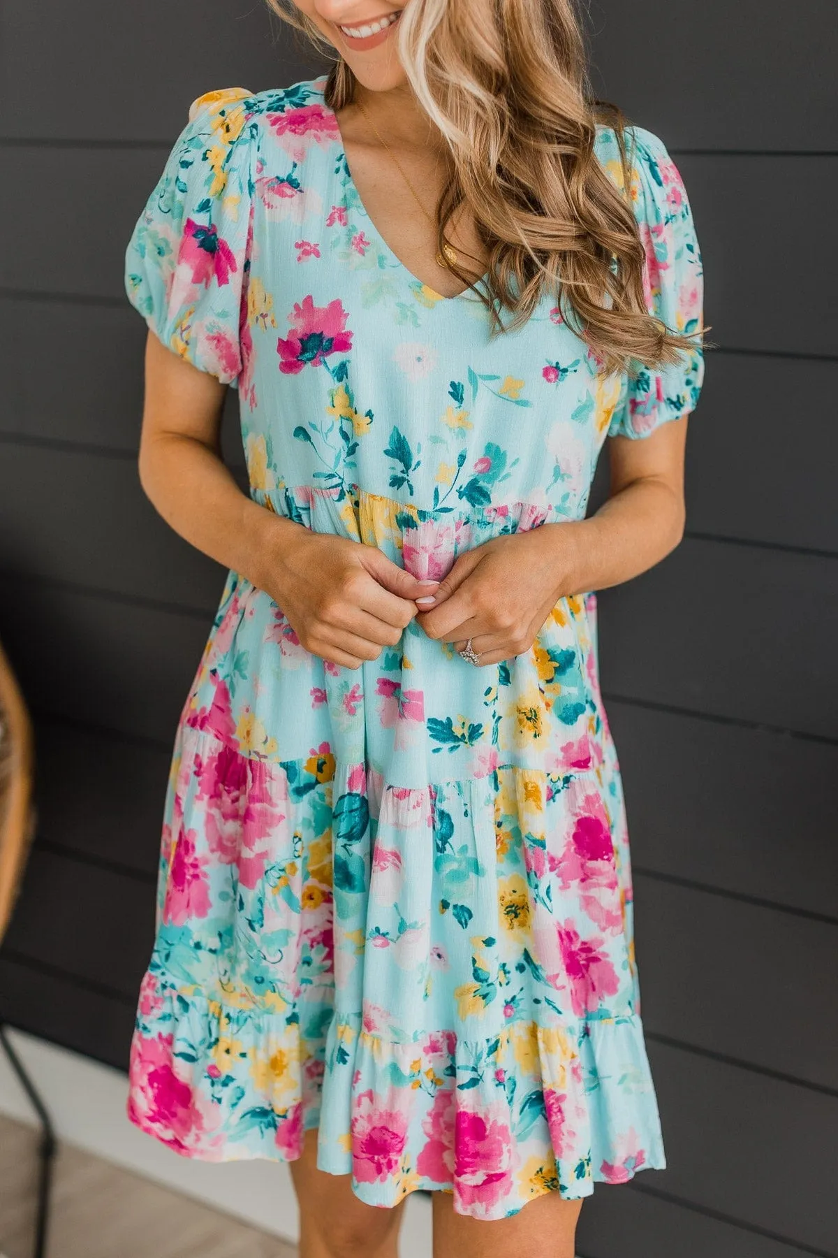 Steal You Away Tiered Floral Dress- Aqua Blue