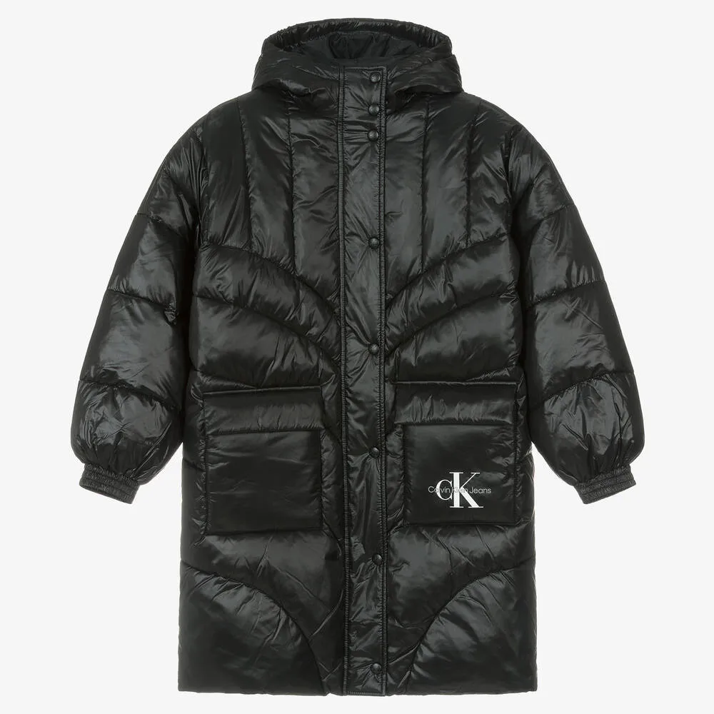 Teen Girls Black Monogram Puffer Coat