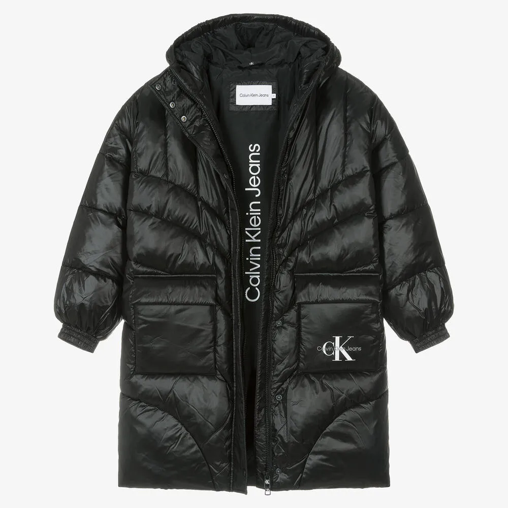 Teen Girls Black Monogram Puffer Coat