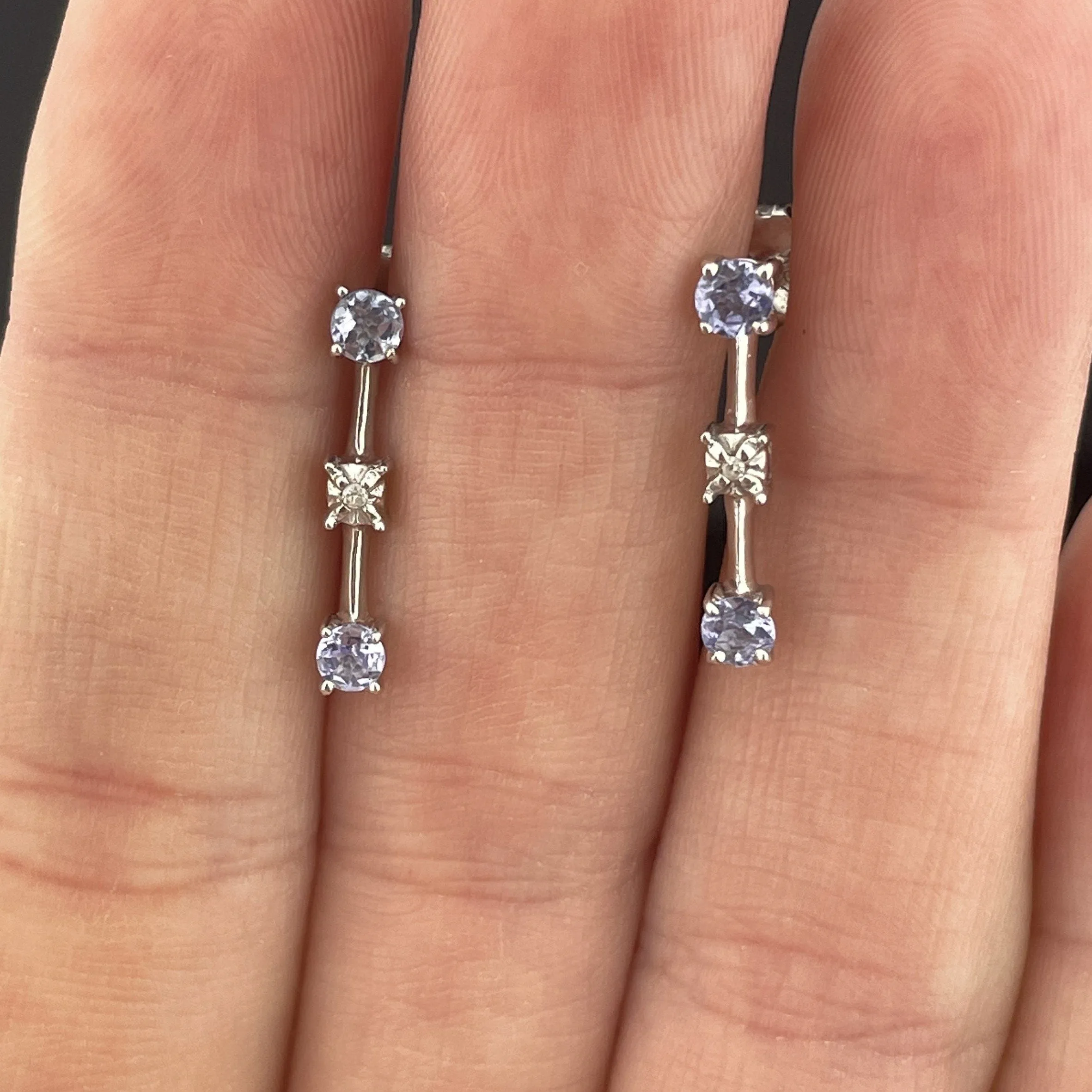 Vintage 10K White Gold Tanzanite Diamond Bar Drop Earrings