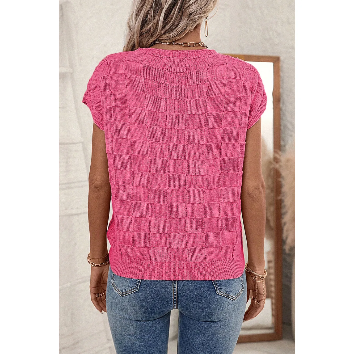 Women's Cap Sleeve Lightweight Crewneck Knit Tops-Bright Pink