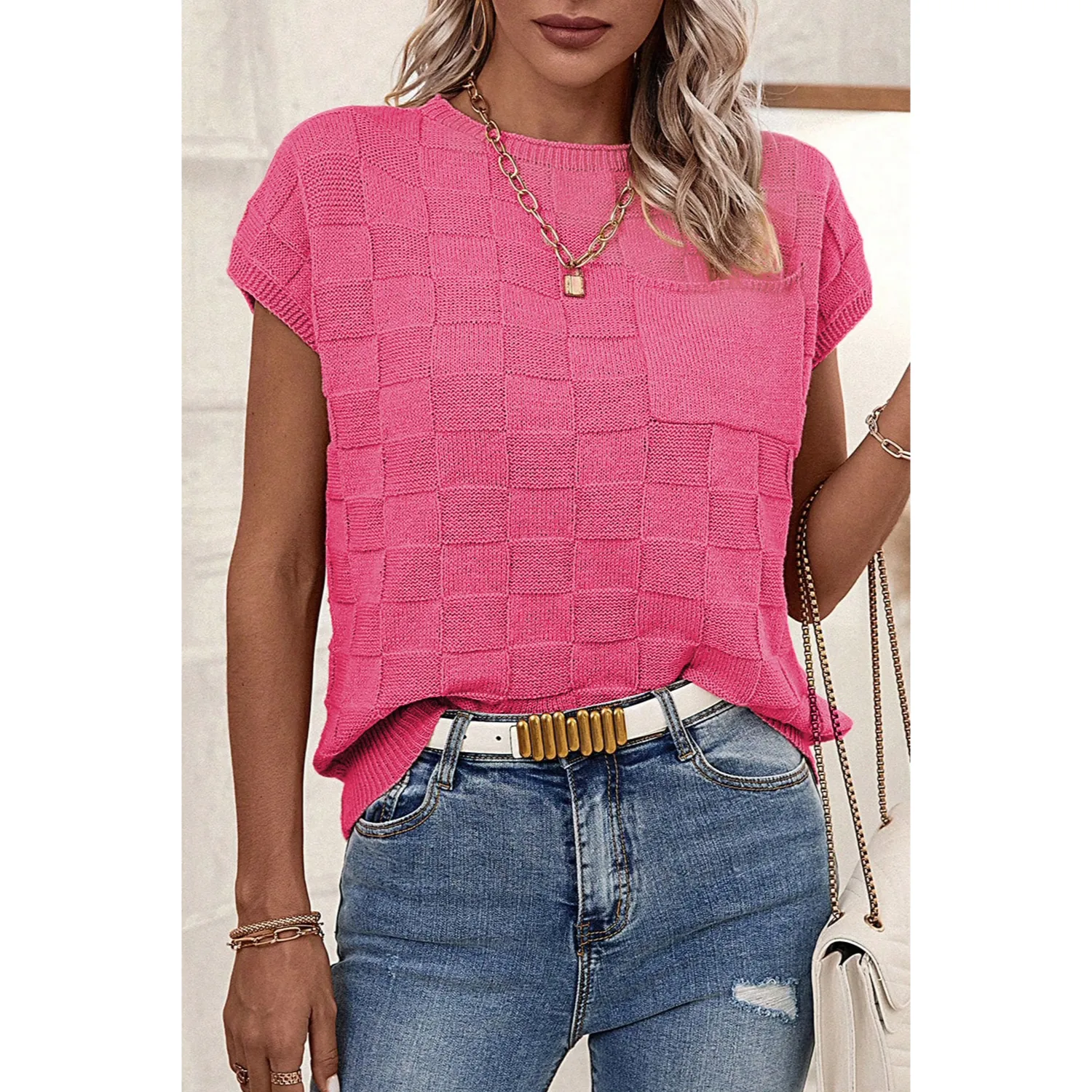 Women's Cap Sleeve Lightweight Crewneck Knit Tops-Bright Pink