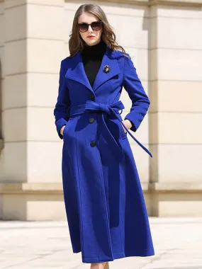 Wrap Coat For Woman Royal Blue Sash Chic Winter Full Length Coat For Woman